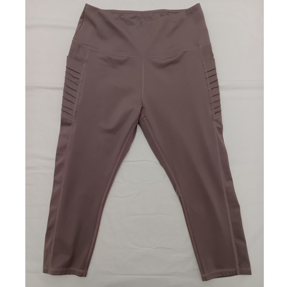 VIVID Athleisure Capri Leggings Pleated Pockets High Waist Taupe Women's Size XL